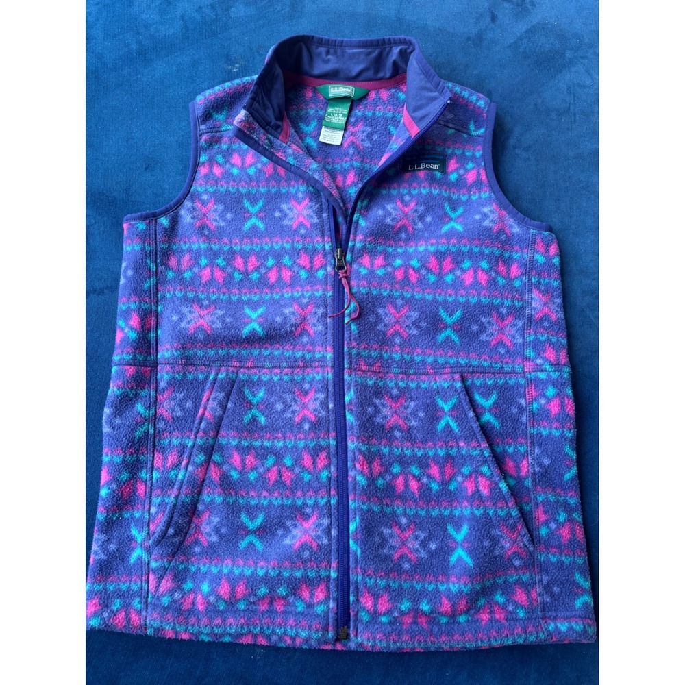 LL Bean Kids Fleece Vest Purple Fair Isle Full Zip Girls L 14-16